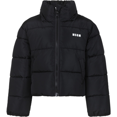 Shop Msgm Black Down Jacket For Girl With Logo And Star