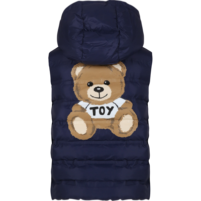 Shop Moschino Bleu Vest For Boy With Teddy Bear And Logo In Blue