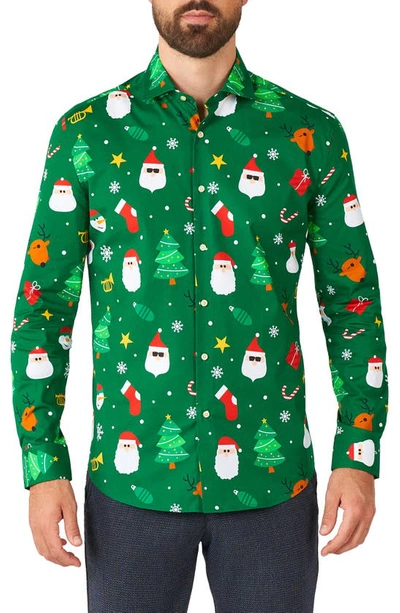 Shop Opposuits Festive Christmas Print Trim Fit Button-up Shirt In Green
