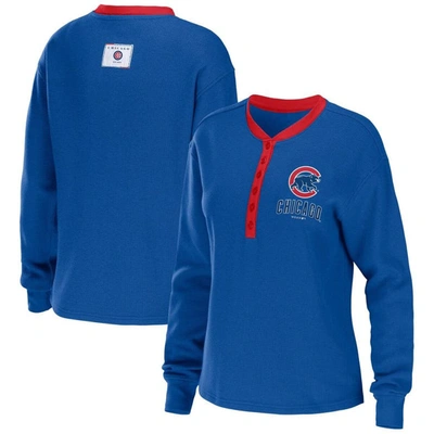 Shop Wear By Erin Andrews Royal Chicago Cubs Waffle Henley Long Sleeve T-shirt
