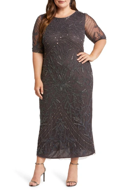 Shop Pisarro Nights Beaded Elbow Sleeve A-line Dress In Slate