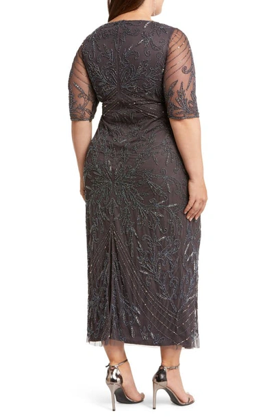 Pisarro Nights Beaded Elbow Sleeve A-line Dress In Slate