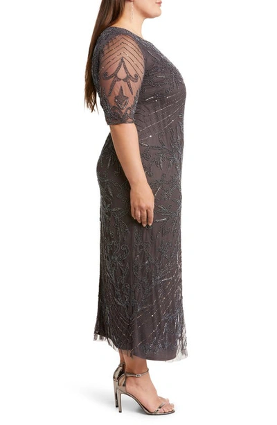 Pisarro Nights Beaded Elbow Sleeve A-line Dress In Slate