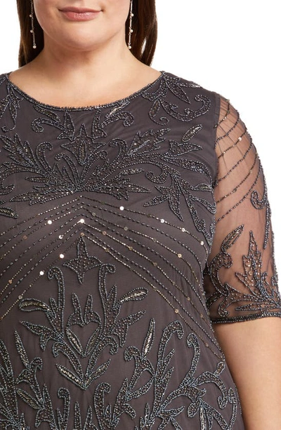 Pisarro Nights Beaded Elbow Sleeve A-line Dress In Slate