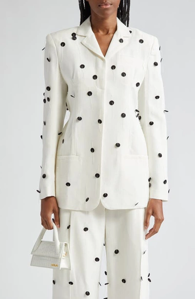 Shop Jacquemus Le Veste Caraco Embroidered Polka Dot Belted Single Breasted Blazer In White / Black Dots Embroi