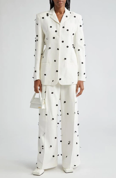 Shop Jacquemus Le Veste Caraco Embroidered Polka Dot Belted Single Breasted Blazer In White / Black Dots Embroi