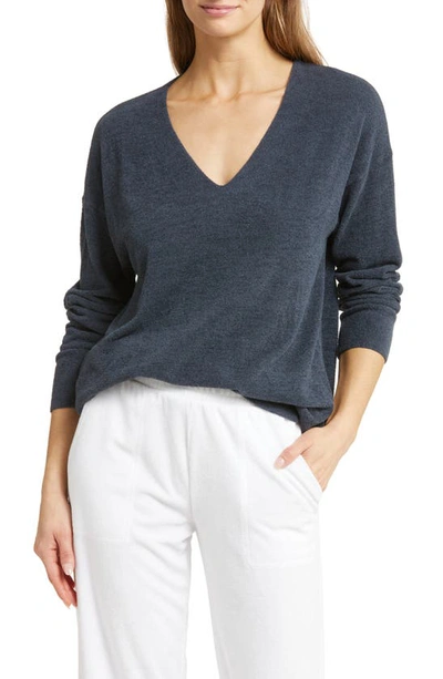 Shop Barefoot Dreams High-low Hem V-neck Pajama Pullover Sweater In Tidewater