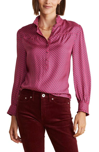 Shop Vineyard Vines Ruffle Collar Silk Blend Popover Top In Diamond Border -pink