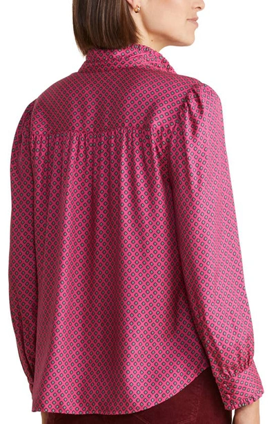 Vineyard Vines Print Silk Blend Ruffle Collar Popover Top In Diamond Border -pink