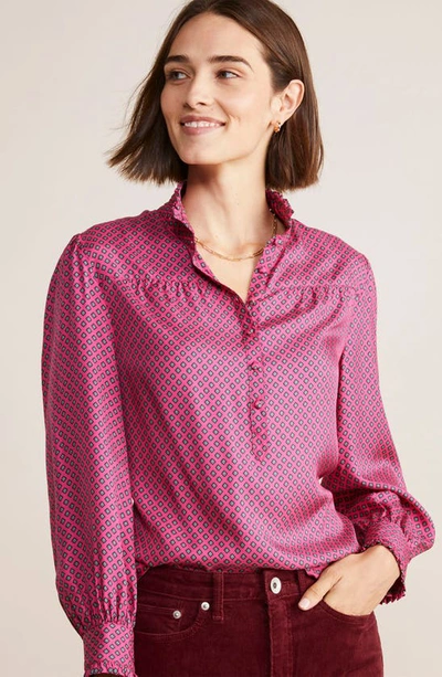 Vineyard Vines Print Silk Blend Ruffle Collar Popover Top In Diamond Border -pink