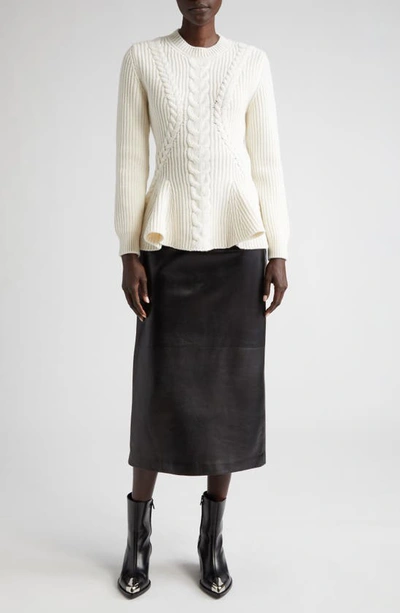 Shop Alexander Mcqueen Cable Knit Wool & Cashmere Rib Peplum Sweater In Ivory