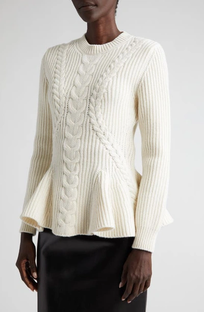 Shop Alexander Mcqueen Cable Knit Wool & Cashmere Rib Peplum Sweater In Ivory