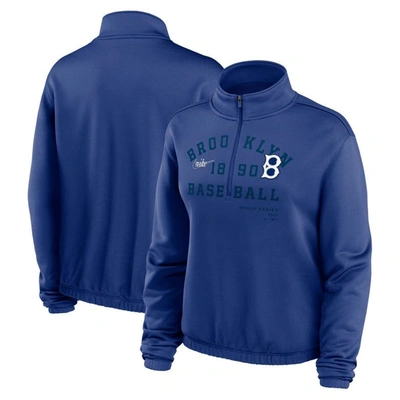 Shop Nike Royal Brooklyn Dodgers Rewind Splice Half-zip Semi-cropped Bubble Hem Sweatshirt