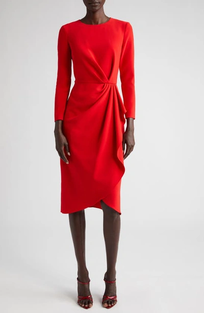 Shop Carolina Herrera Pleated Long Sleeve Tulip Midi Dress In Poppy