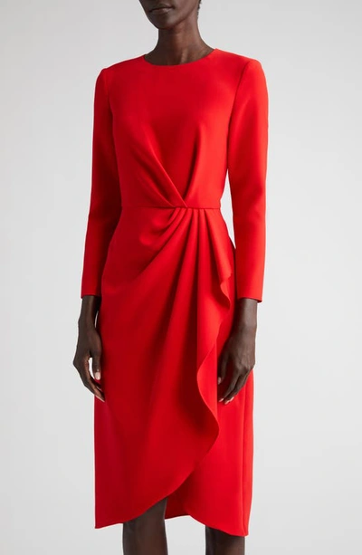 Carolina Herrera Pleated Long Sleeve Tulip Midi Dress In Poppy