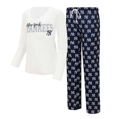 Shop Concepts Sport White/navy New York Yankees Long Sleeve V-neck T-shirt & Gauge Pants Sleep Set