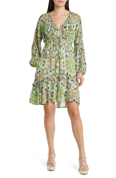 Shop Ciebon Crissta Metallic Floral Long Sleeve Dress In Green