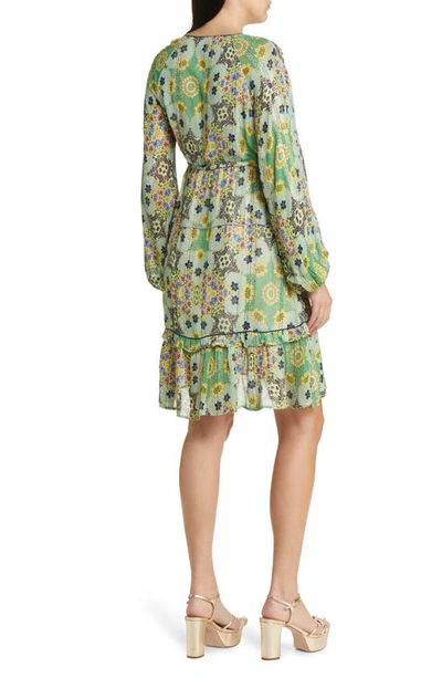 Ciebon Crissta Metallic Floral Long Sleeve Dress In Green