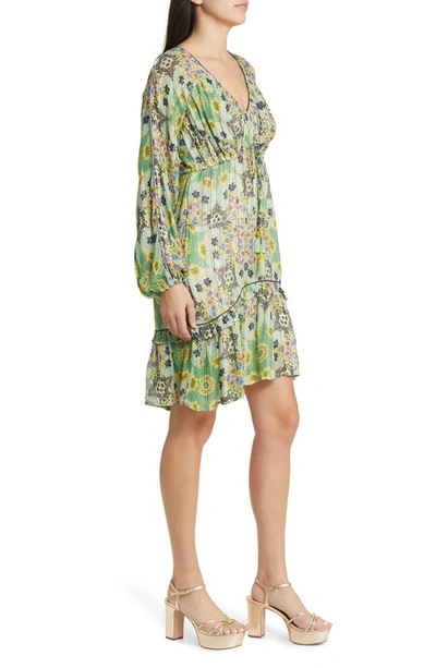 Ciebon Crissta Metallic Floral Long Sleeve Dress In Green