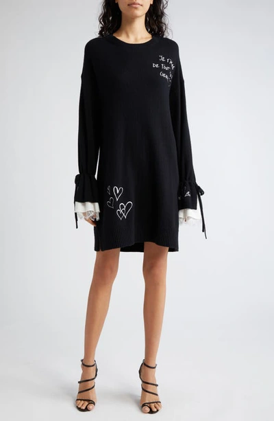 Shop Cinq À Sept Tasha Ruffle Cuff Long Sleeve Sweater Dress In Black/ Ivory