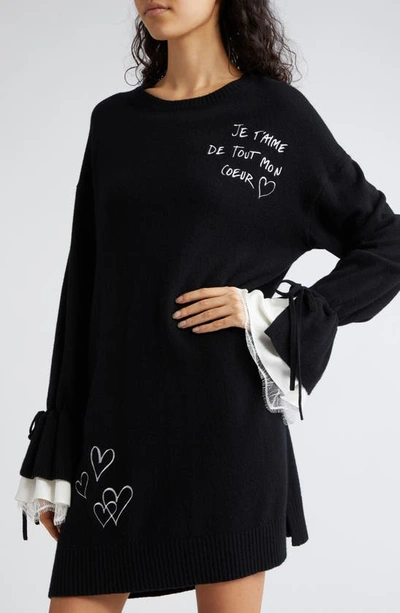 Shop Cinq À Sept Tasha Ruffle Cuff Long Sleeve Sweater Dress In Black/ Ivory