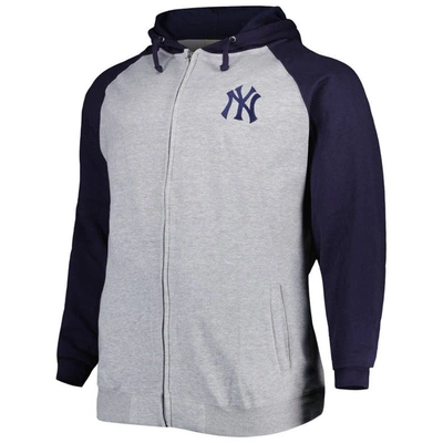 Shop Profile Heather Gray/navy New York Yankees Big & Tall Raglan Hoodie Full-zip Sweatshirt