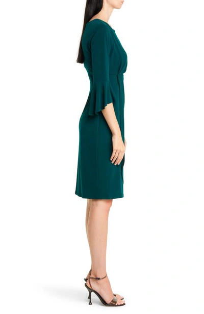Shop Connected Apparel Ruched Bell Sleeve Faux Wrap Cocktail Dress In Hunter