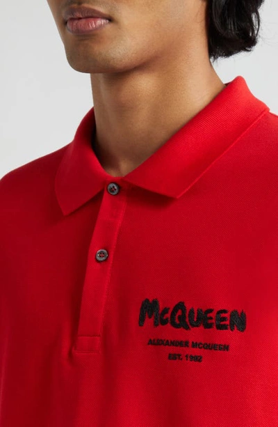 Shop Alexander Mcqueen Graffiti Logo Embroidered Cotton Piqué Polo In Lust Red