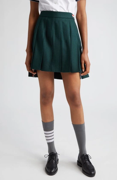Shop Thom Browne Pleated Drop Back Wool Miniskirt In Dark Green