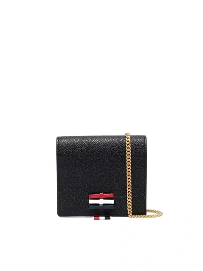 Shop Thom Browne 3-bow Card Holder W/ Chain Strap In Pebble Grain Leather - L12, H13, W3 Accessories In Black