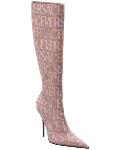 Shop Versace Allover Canvas & Leather Knee-high Boot In Pink