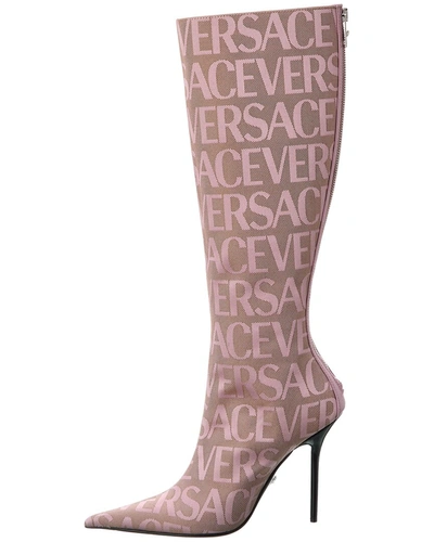 Shop Versace Allover Canvas & Leather Knee-high Boot In Pink