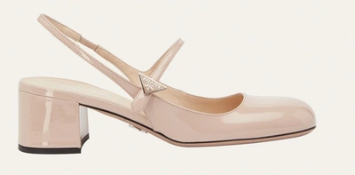 Shop Prada Women's Patent Leather Mary Jane Slingback Pumps Shoes In Nude In Beige