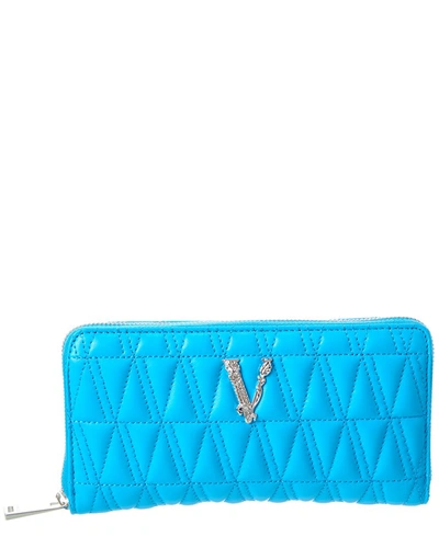 Shop Versace Virtus Leather Zip Around Wallet In Blue