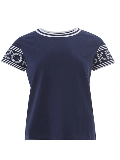 Shop Kenzo Cotton T-shirt With Contrasting Logo On Women's Sleeves In Blue