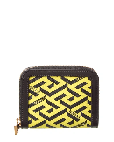 Shop Versace La Greca Coated Canvas & Leather Coin Purse In Yellow