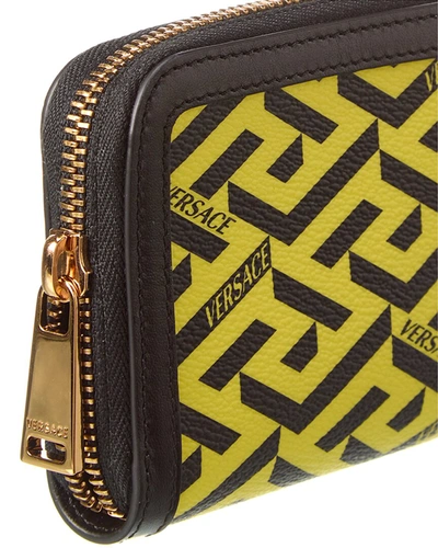 Shop Versace La Greca Coated Canvas & Leather Coin Purse In Yellow