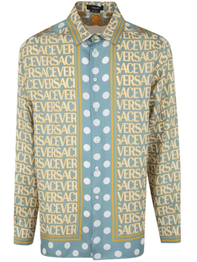 Shop Versace Informal Shirt Combo Logomania Twill Silk Fabric Baroque Polka Dots Clothing In Blue