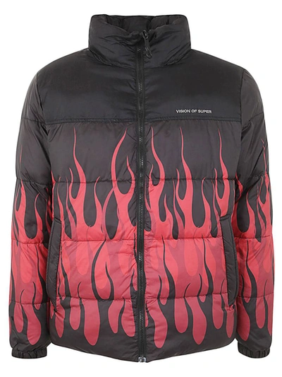Shop Vision Of Super Black Puffy Jacket With Red Flames Clothing