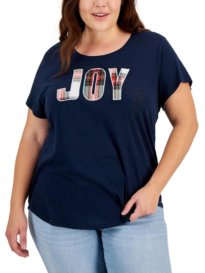 Shop Style & Co Plus Womens Cotton Blend Hoiliday T-shirt In Blue