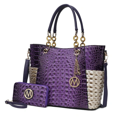 Mkf Collection By Mia K Merlina Faux Crocodile-embossed Vegan Leather Women's Tote Bag With Matching Wallet - 2 Pieces In Purple