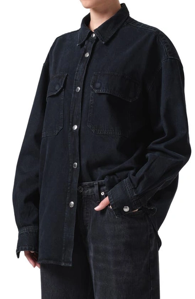 Shop Agolde Camryn Oversize Snap Front Denim Shirt In Crushed