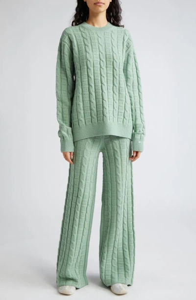 Shop Acne Studios Kong Face Logo Cable Knit Wool Blend Sweater Pants In Sage Green