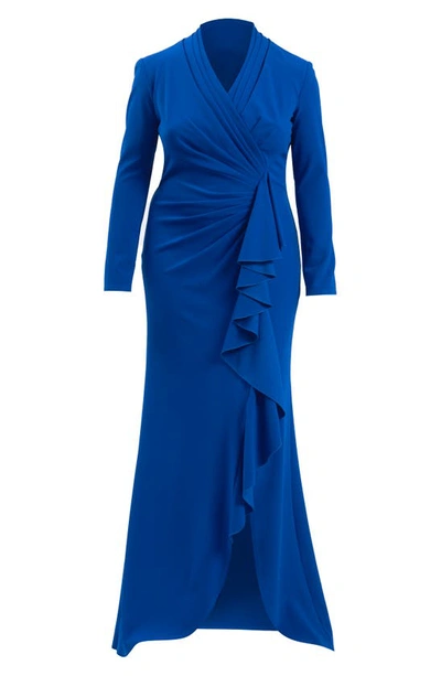 Shop Tadashi Shoji Ruched Long Sleeve Column Gown In Mystic Blue