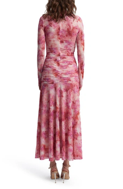 Bardot Lea Tie Dye Ruched Long Sleeve Mesh Maxi Dress In Pink Tie Dye
