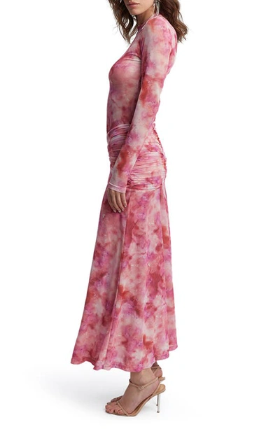 Bardot Lea Tie Dye Ruched Long Sleeve Mesh Maxi Dress In Pink Tie Dye