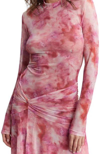 Bardot Lea Tie Dye Ruched Long Sleeve Mesh Maxi Dress In Pink Tie Dye