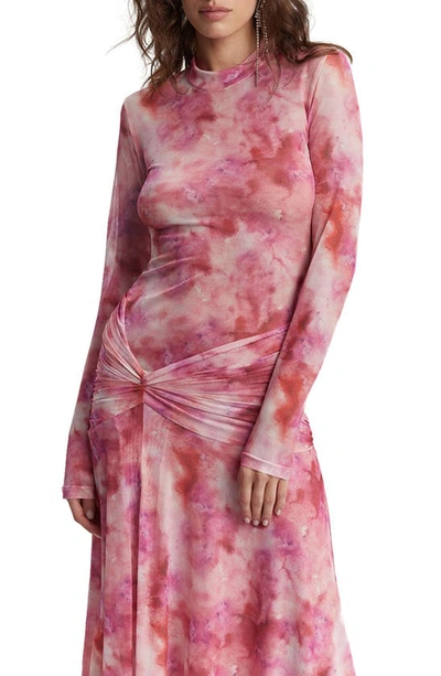 Bardot Lea Tie Dye Ruched Long Sleeve Mesh Maxi Dress In Pink Tie Dye
