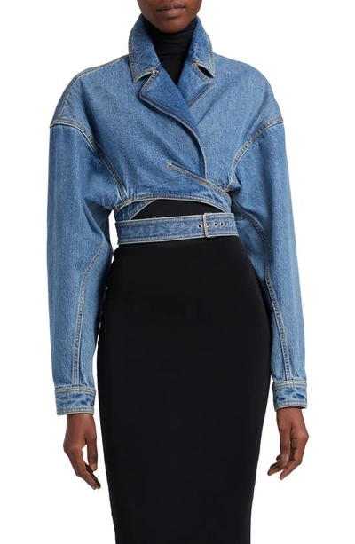 Shop Alaïa Crossover Cutout Crop Denim Wrap Jacket In Bleu Vintage