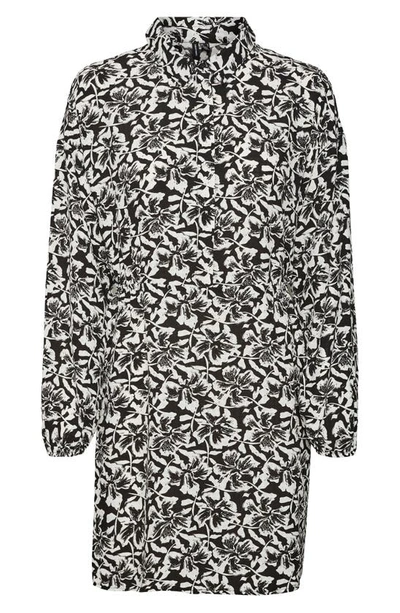 Shop Vero Moda Sophia Floral Print Long Sleeve Shirtdress In Black Aop White Flor